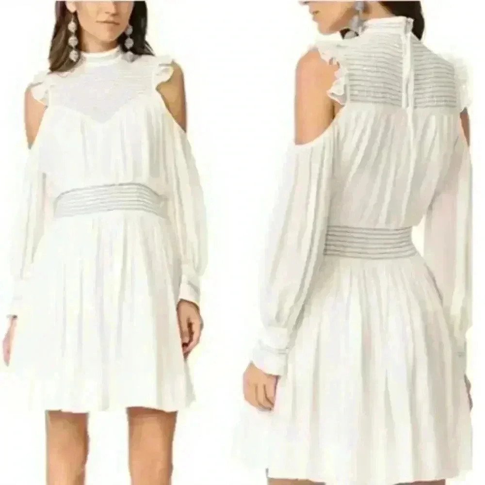 NWT Cing A Sept Shahla Dress Ivory Ruffled Cold Shoulder 100% Silk Mini Size 4